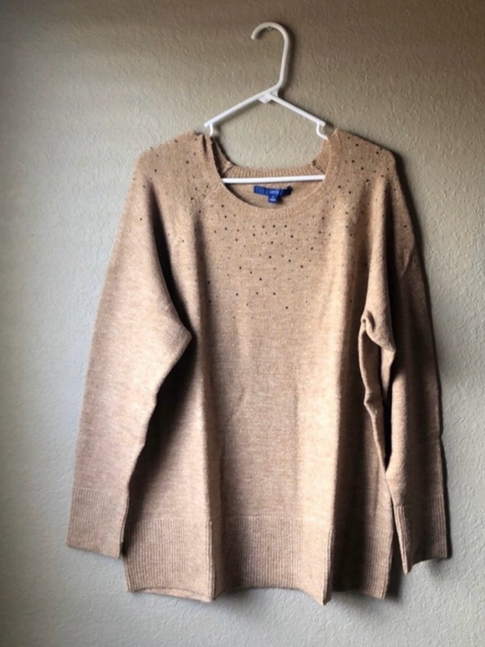 New Apt. 9 Sweater Women’s Tan Beaded Crew Neck Casual Classic Knit Top Size 1X